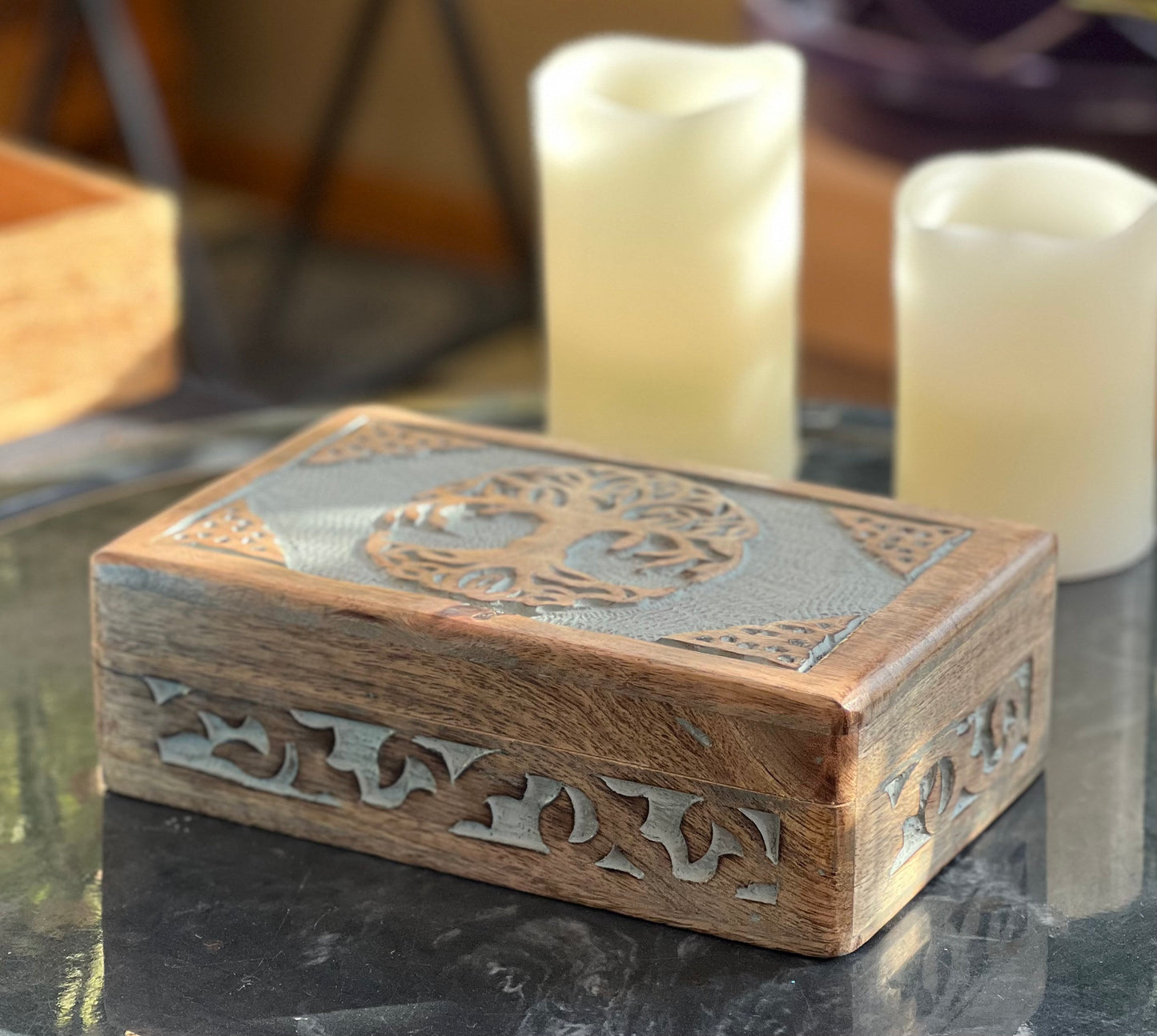 Hand Carved Celtic Tree Of Life Wooden Box Keepsake Jewelry Storage