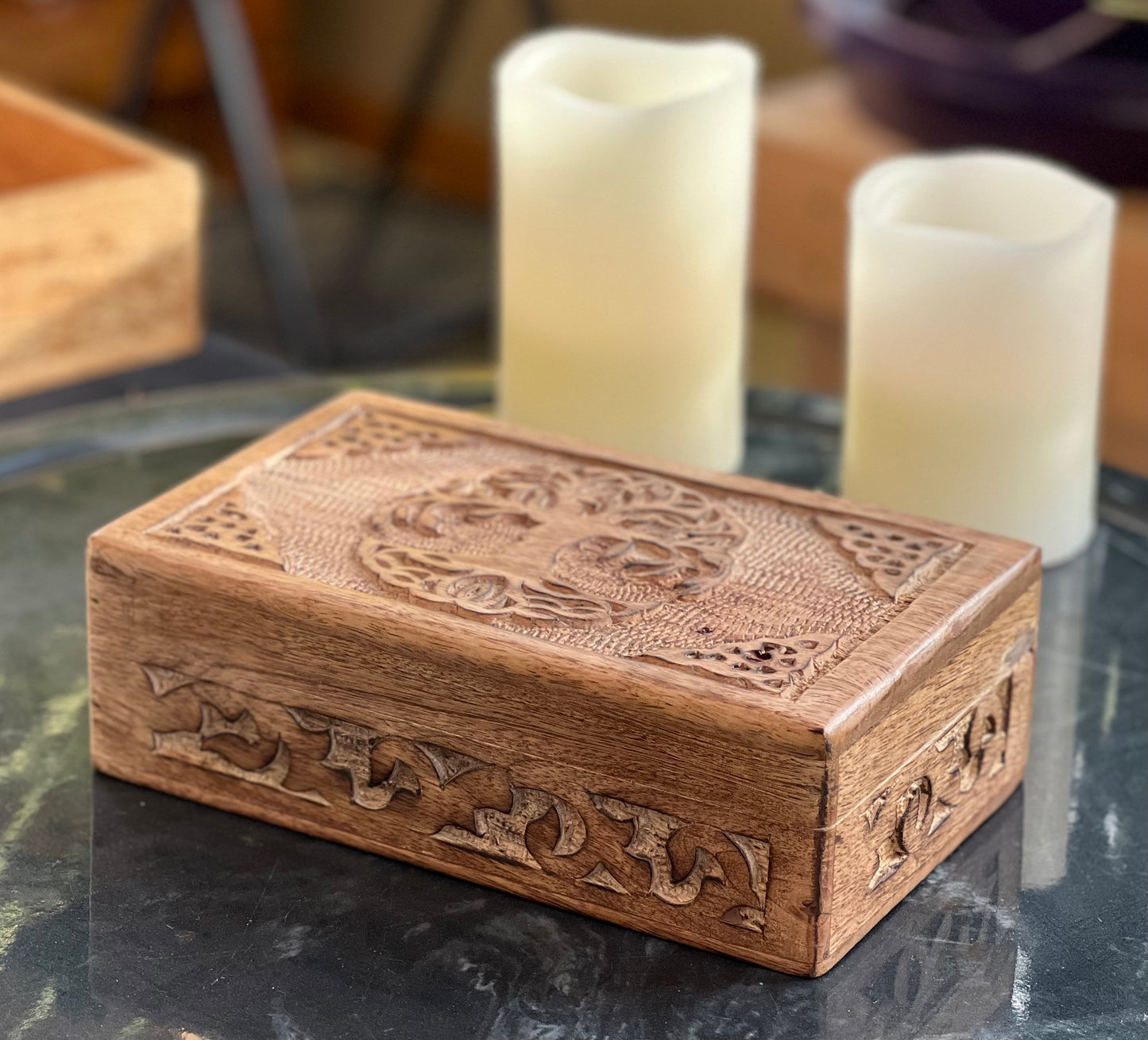 Hand Carved Celtic Tree Of Life Wooden Box Keepsake Jewelry Storage