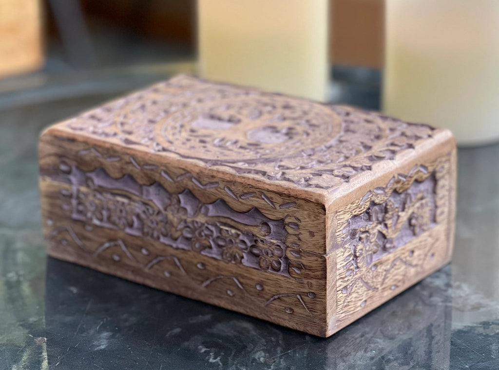 Hand Carved Tree of Life Wooden Box Keepsake Jewelry Storage Watch Box - DharmaObjects