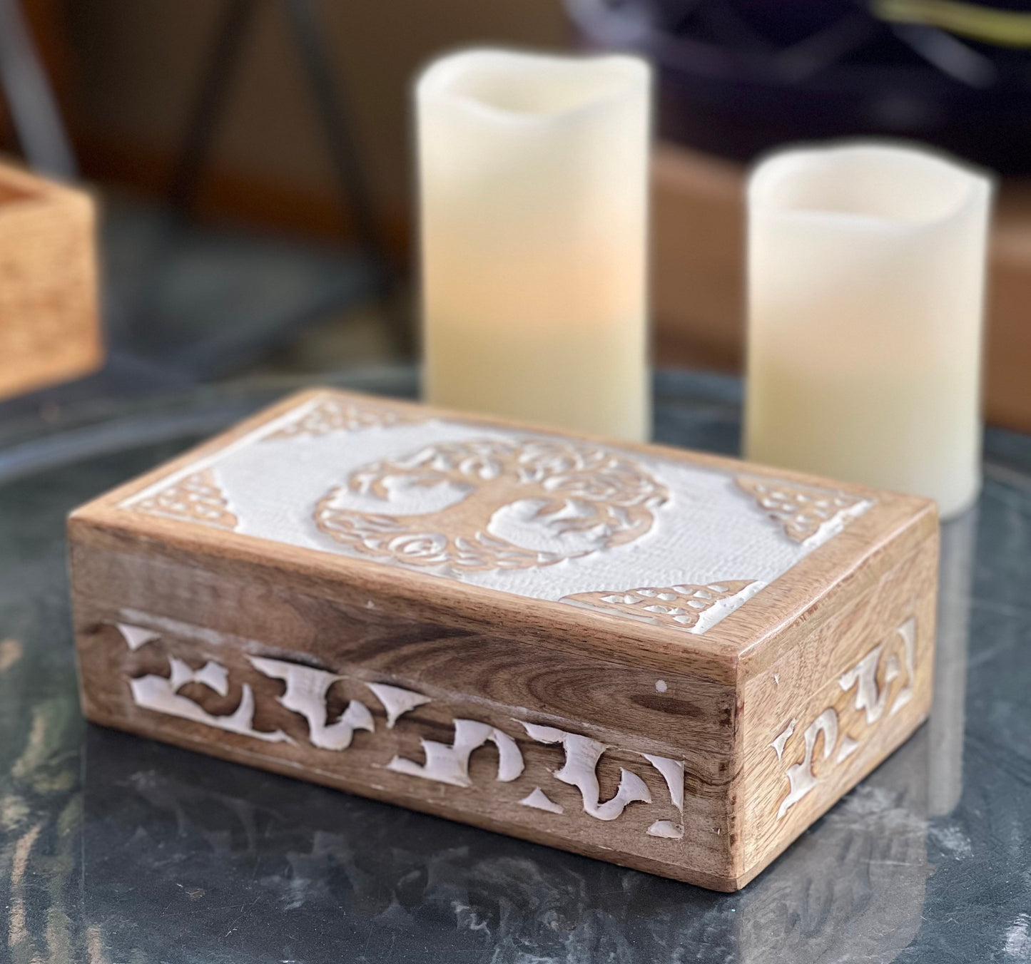 Hand Carved Celtic Tree Of Life Wooden Box Keepsake Jewelry Storage