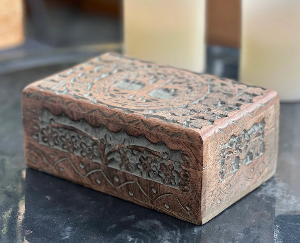 Hand Carved Tree of Life Wooden Box Keepsake Jewelry Storage Watch Box - DharmaObjects