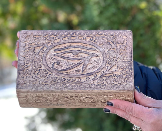 Hand Carved Egyptian Eye of Ra Wooden Box Keepsake Jewelry Storage