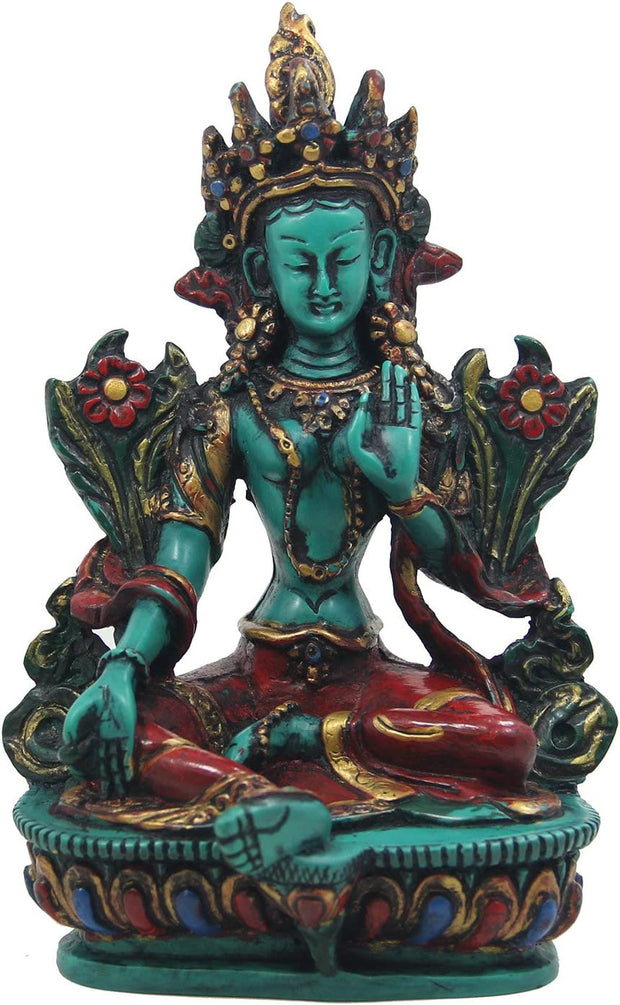 Large Tibetan Buddhist Green Tara Resin Statue Mother Goddess 6" Tall