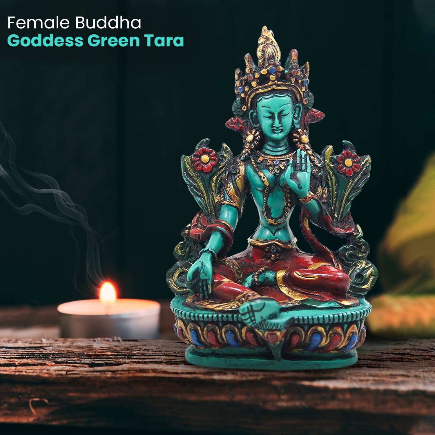 Large Tibetan Buddhist Green Tara Resin Statue – Mother Goddess Dolma Meditation Altar Figurine, Compassion & Protection Home Temple Decor - DharmaObjects
