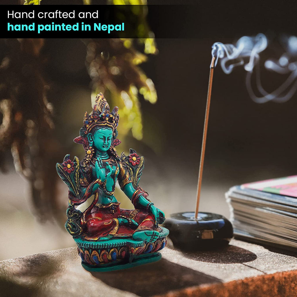 Large Tibetan Buddhist Green Tara Resin Statue – Mother Goddess Dolma Meditation Altar Figurine, Compassion & Protection Home Temple Decor - DharmaObjects