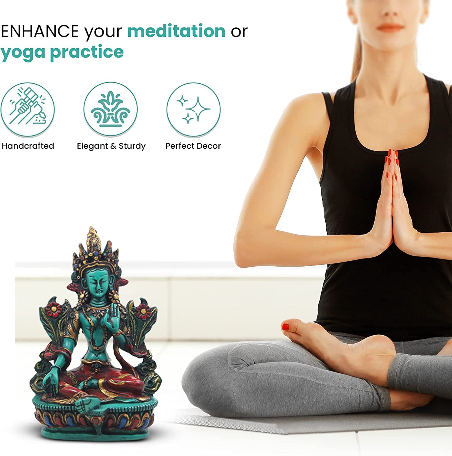 Large Tibetan Buddhist Green Tara Resin Statue – Mother Goddess Dolma Meditation Altar Figurine, Compassion & Protection Home Temple Decor - DharmaObjects