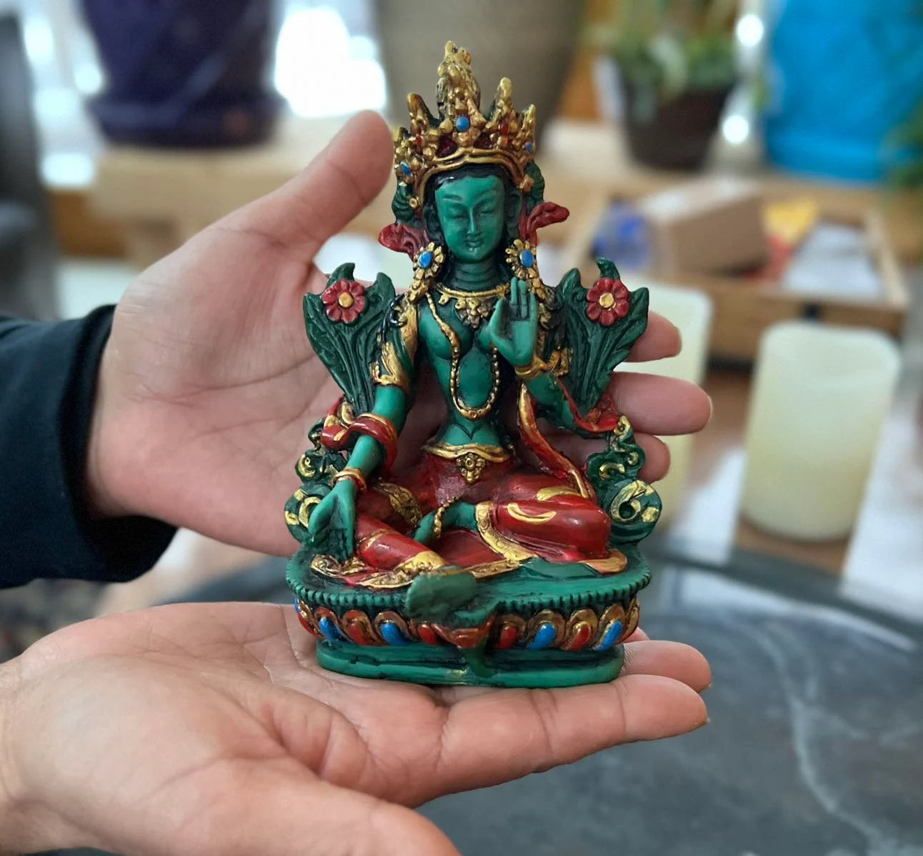 Large Tibetan Buddhist Green Tara Resin Statue – Mother Goddess Dolma Meditation Altar Figurine, Compassion & Protection Home Temple Decor - DharmaObjects