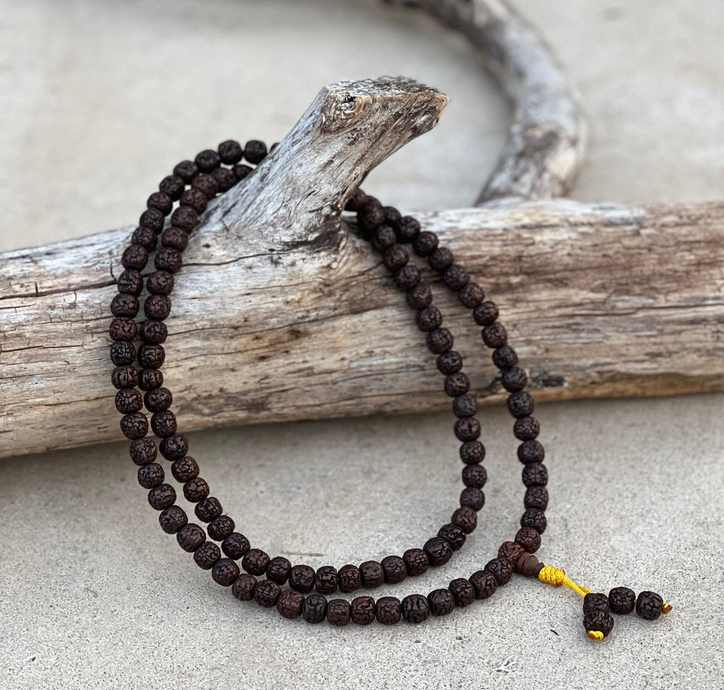 Hindu Natural Dark Rudraksha Mala Rosary 108 Beads Free Pouch - DharmaObjects