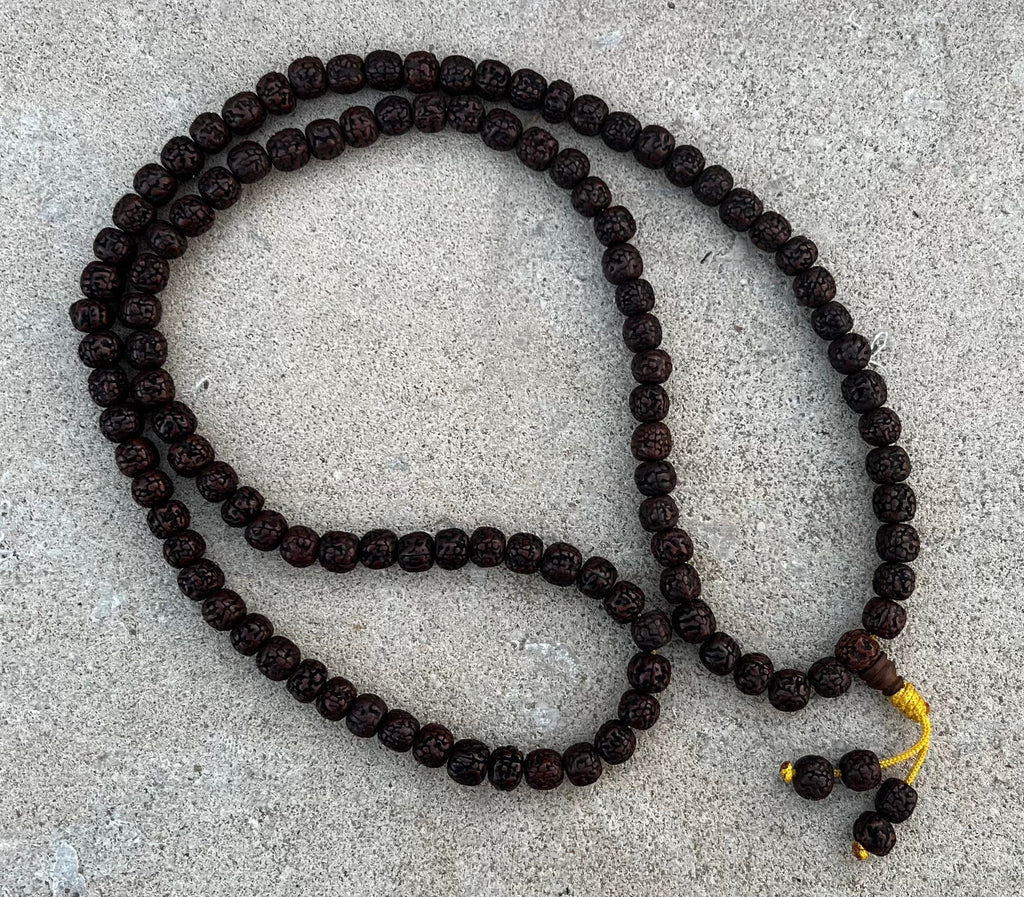 Hindu Natural Dark Rudraksha Mala Rosary 108 Beads Free Pouch - DharmaObjects