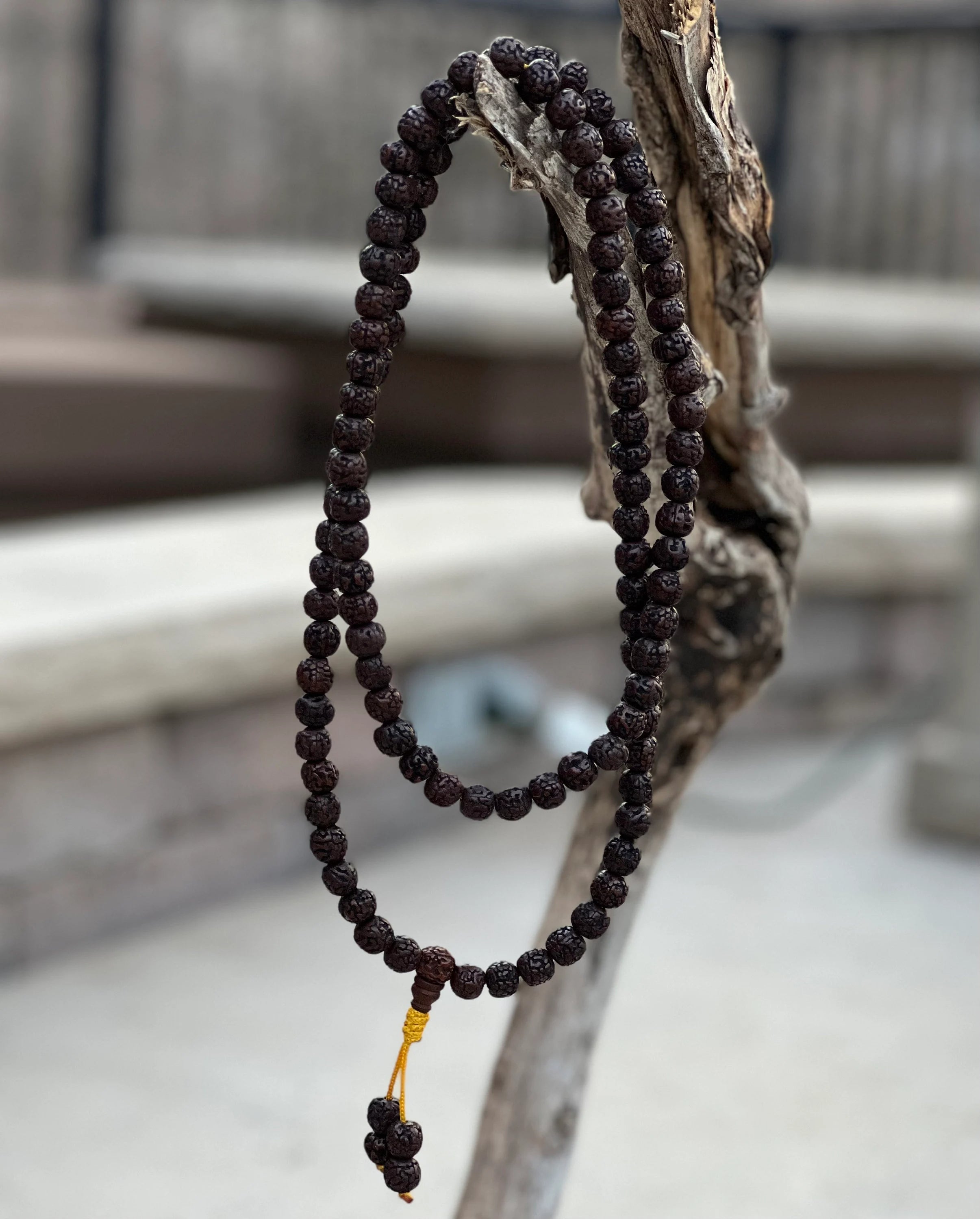 Hindu Natural Dark Rudraksha Mala Rosary 108 Beads Free Pouch - DharmaObjects