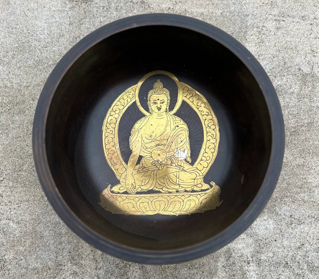 Tibetan Buddhist Buddha Singing Bowl 6.75" | Antique Collector Bowl with Buddha, Eight Lucky Symbols & Heart Chakra F Note - DharmaObjects