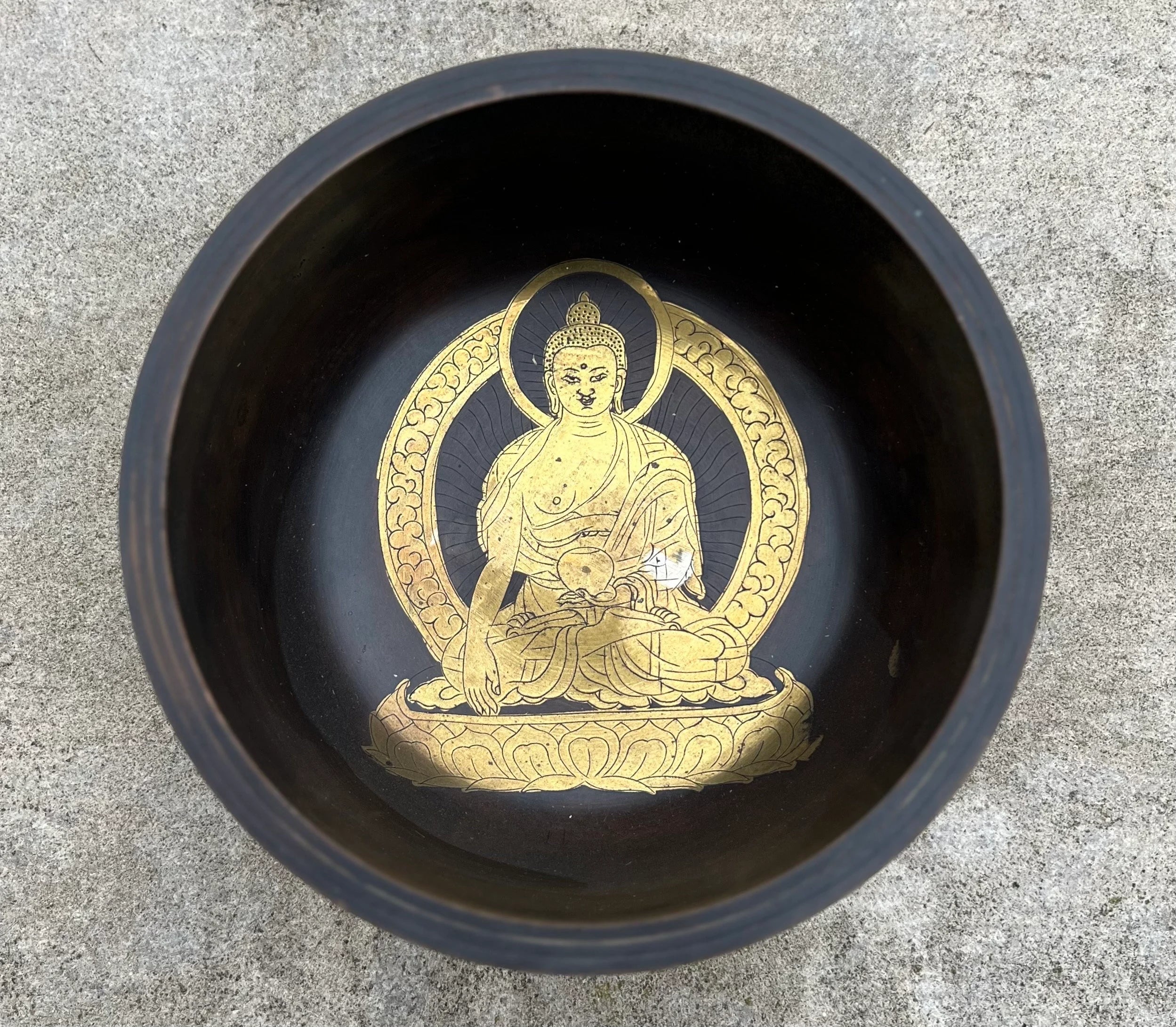 Tibetan Buddhist Buddha Singing Bowl 6.75" | Antique Collector Bowl with Buddha, Eight Lucky Symbols & Heart Chakra F Note - DharmaObjects