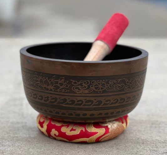 Tibetan Buddhist Buddha Singing Bowl - Collector Dark Patina 6.75 Inches Heart Chakra