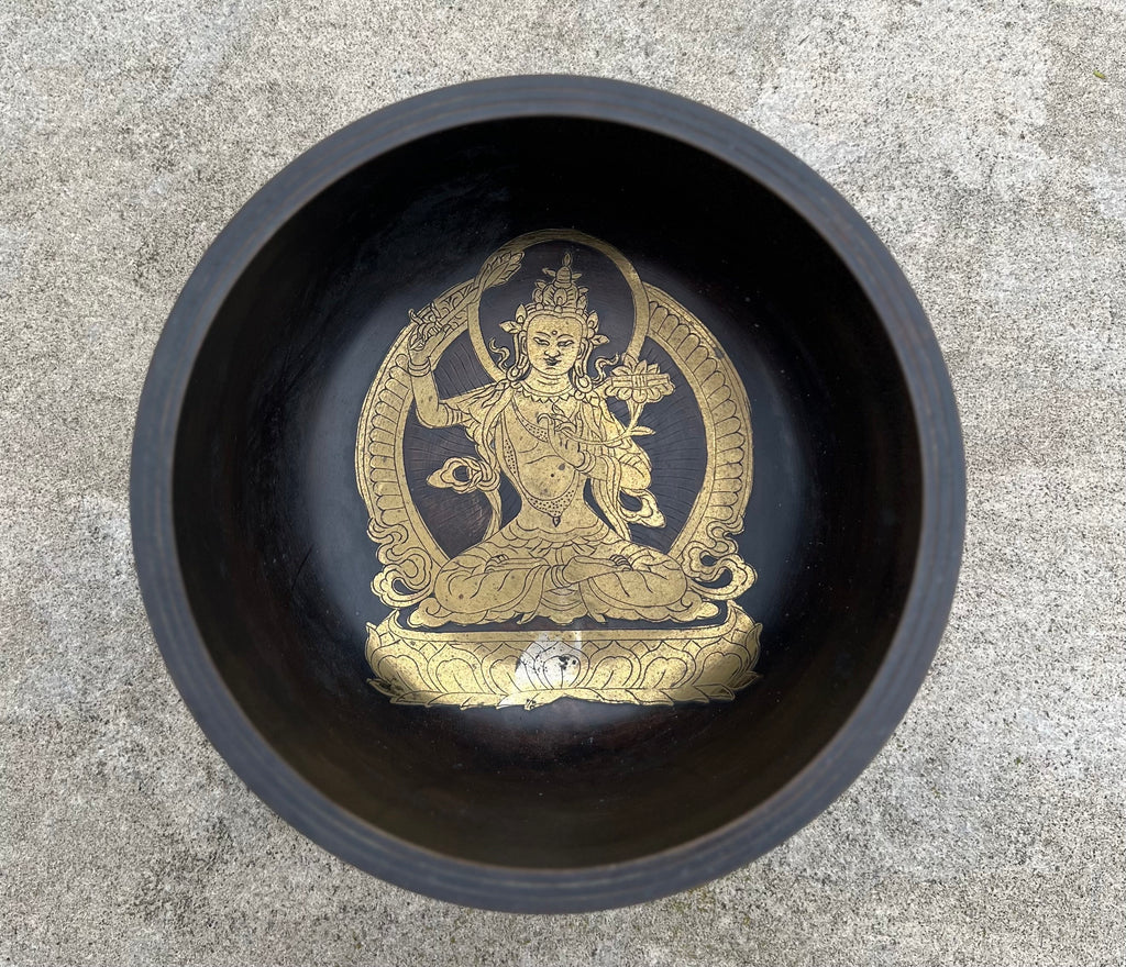 Tibetan Buddhist Manjushri Wisdom Singing Bowl 6.75" | Antique Collector Bowl with Om Mani Mantra & Heart Chakra F Note - DharmaObjects