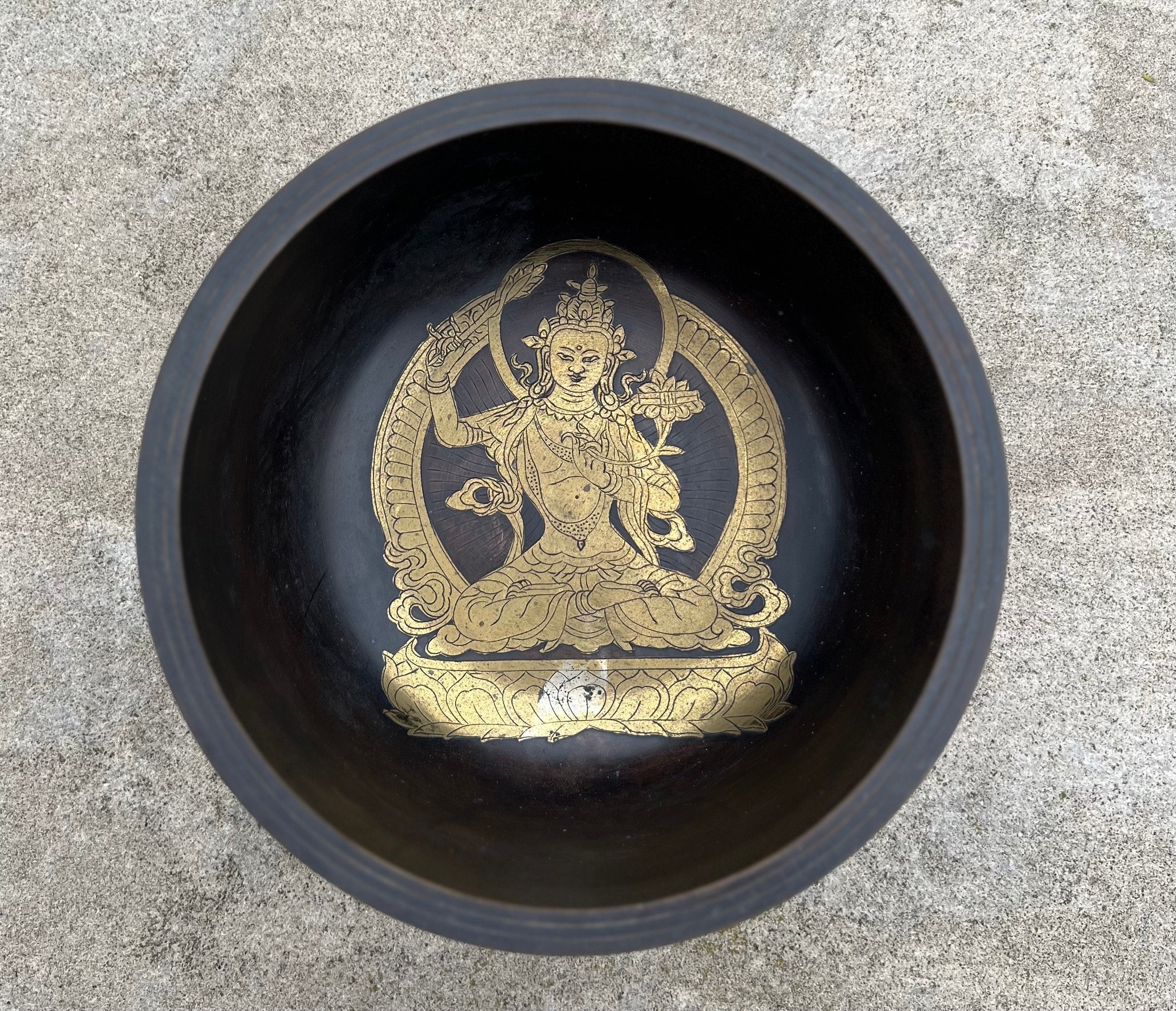 Tibetan Buddhist Manjushri Wisdom Singing Bowl 6.75" | Antique Collector Bowl with Om Mani Mantra & Heart Chakra F Note - DharmaObjects