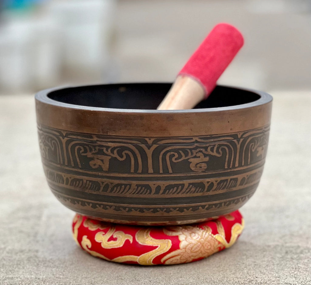 Tibetan Buddhist Manjushri Wisdom Singing Bowl 6.75" | Antique Collector Bowl with Om Mani Mantra & Heart Chakra F Note - DharmaObjects
