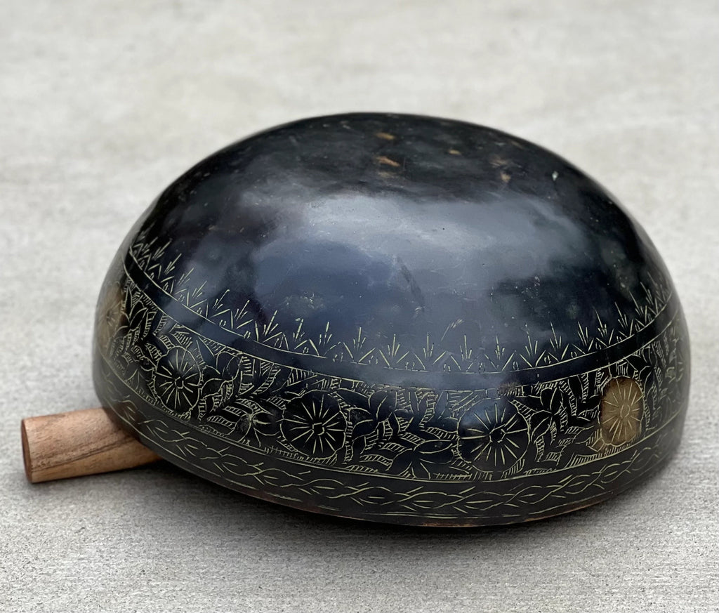 Rare Old Engraved Tibetan Singing Bowl 9" | Antique Collector Bowl with D Note Sacral Chakra Tone & Mallet Set - DharmaObjects