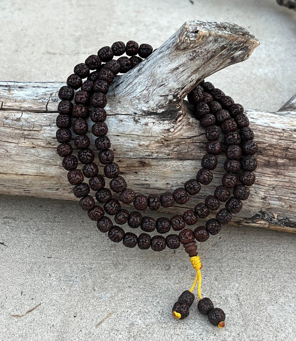 Hindu Natural Dark Rudraksha Mala Rosary 108 Beads Free Pouch - DharmaObjects