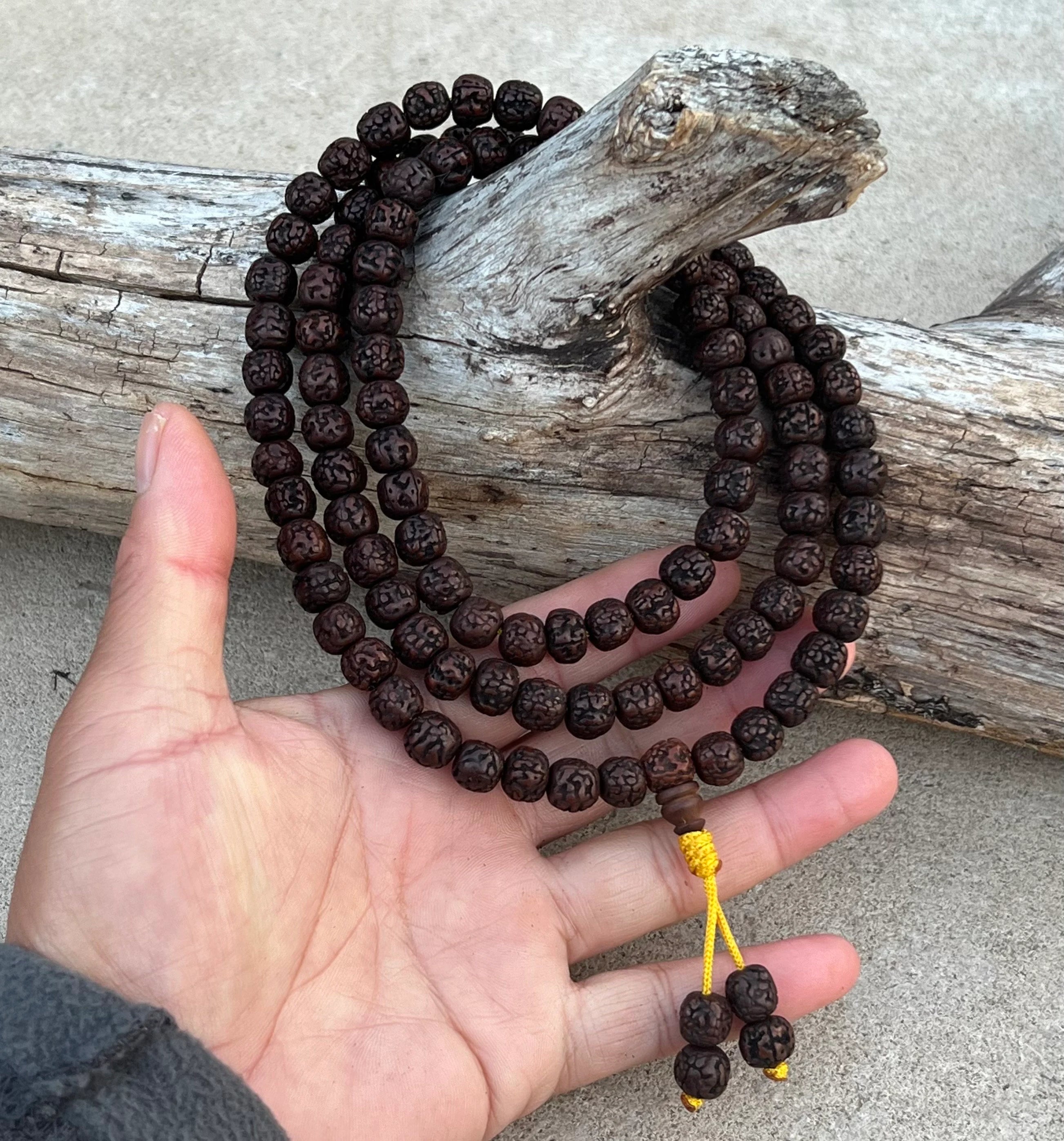 Hindu Natural Dark Rudraksha Mala Rosary 108 Beads Free Pouch - DharmaObjects