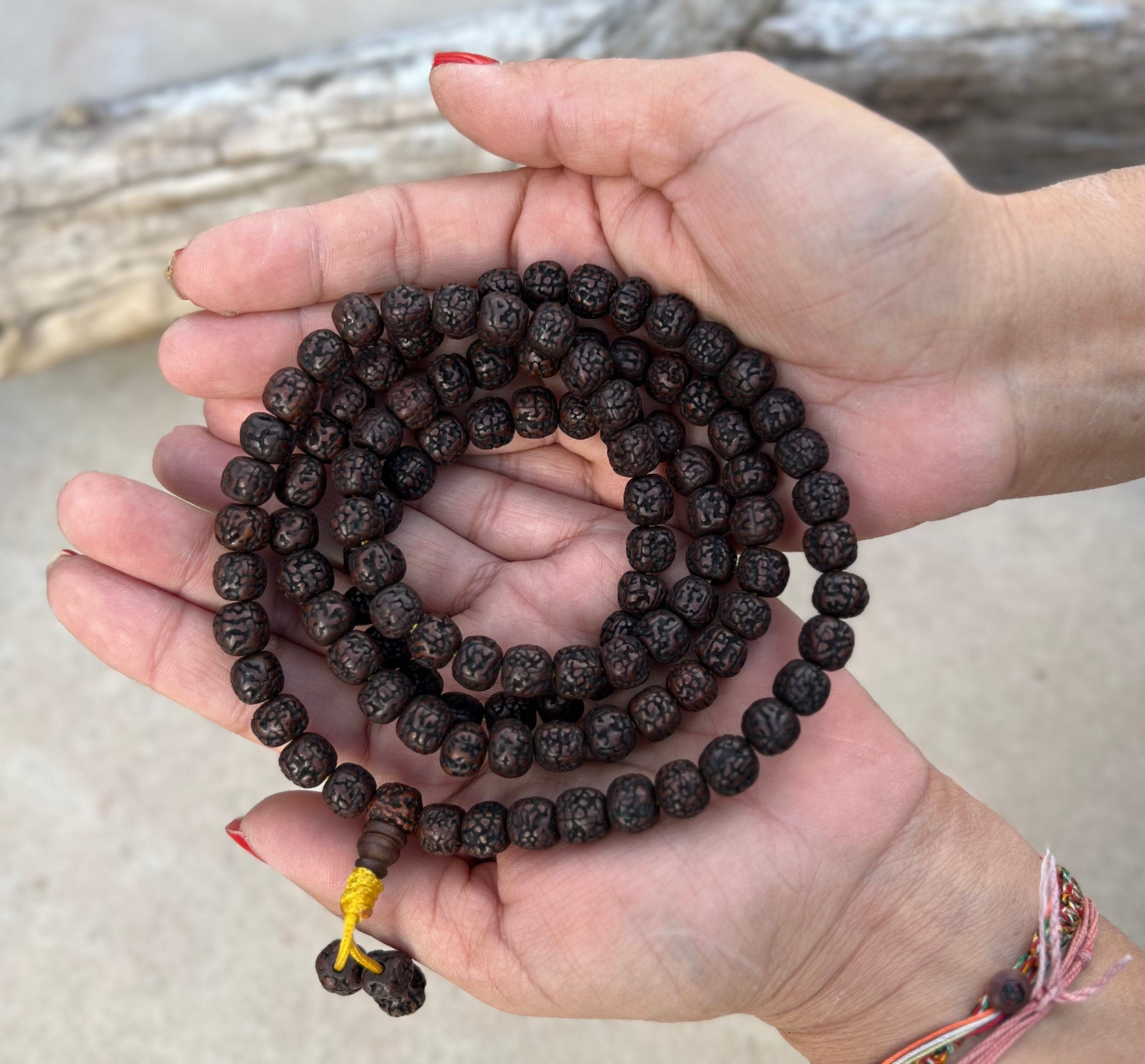 Hindu Natural Dark Rudraksha Mala Rosary 108 Beads Free Pouch - DharmaObjects