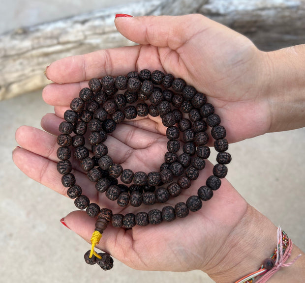 Hindu Natural Dark Rudraksha Mala Rosary 108 Beads Free Pouch
