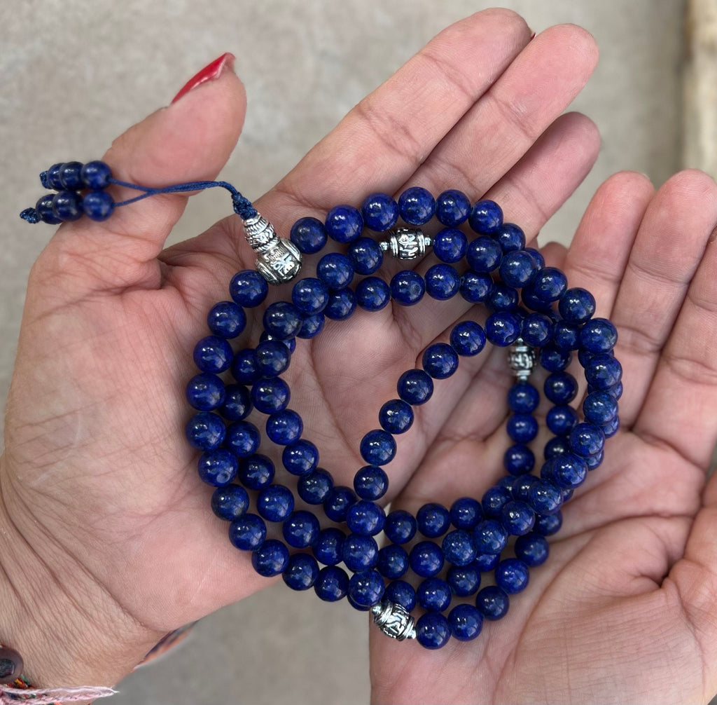 Tibetan Prayer Meditation Healing Lapis Lazuli 108 Beads Mala With Silver Guru Bead , Silver Spacers - DharmaObjects