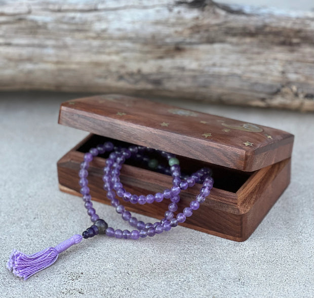Tibetan Amethyst Mala Prayer Beads Rosary Meditation Yoga Free Mala Wooden Box