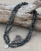 Labradorite Mala 108 Beads – Silver Lotus Charm & Guru Bead Meditation Prayer Necklace