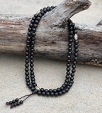 Tibetan Mala Buddhist Prayer 108 Beads Rosary Ebony Wood With Silver Spacers Free Wooden Box - DharmaObjects