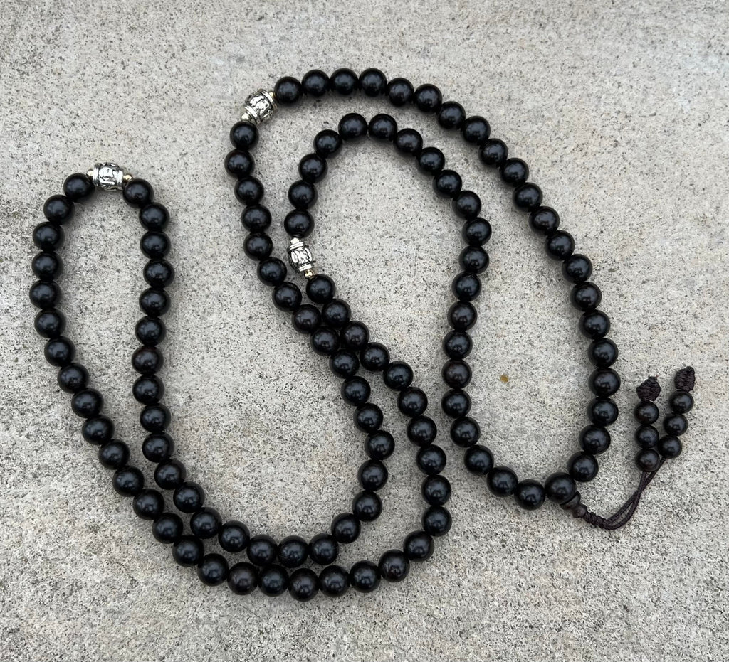 Tibetan Mala Buddhist Prayer 108 Beads Rosary Ebony Wood With Silver Spacers Free Wooden Box - DharmaObjects