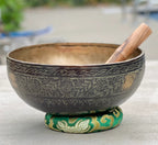 Rare Old Engraved Tibetan Singing Bowl 9" | Antique Collector Bowl with D Note Sacral Chakra Tone & Mallet Set - DharmaObjects