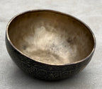 Rare Old Engraved Tibetan Singing Bowl 9" | Antique Collector Bowl with D Note Sacral Chakra Tone & Mallet Set - DharmaObjects