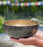 Rare Old Engraved Tibetan Singing Bowl 9" | Antique Collector Bowl with D Note Sacral Chakra Tone & Mallet Set - DharmaObjects