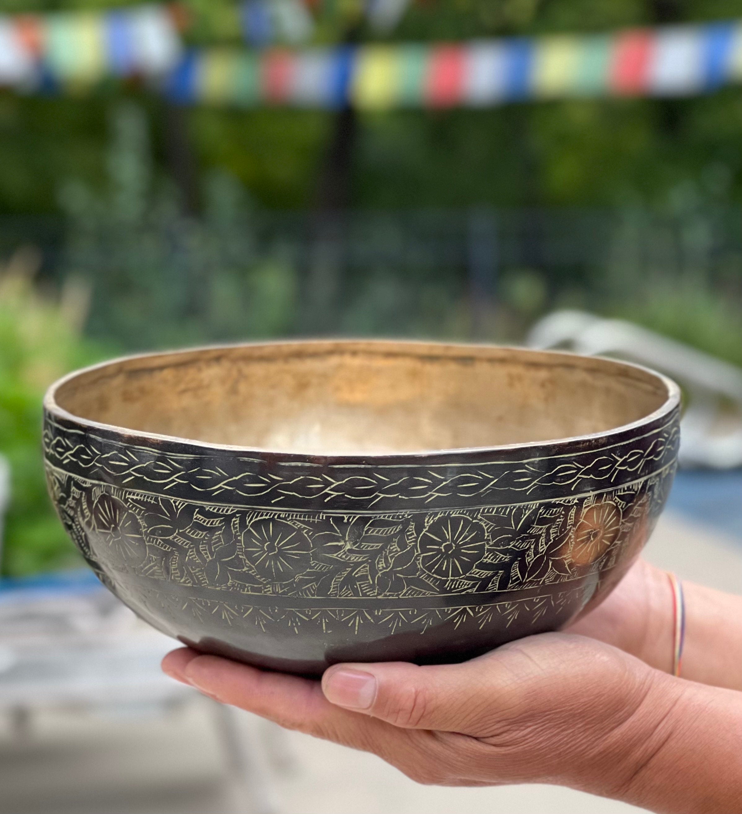 Rare Old Engraved Tibetan Singing Bowl 9" | Antique Collector Bowl with D Note Sacral Chakra Tone & Mallet Set - DharmaObjects