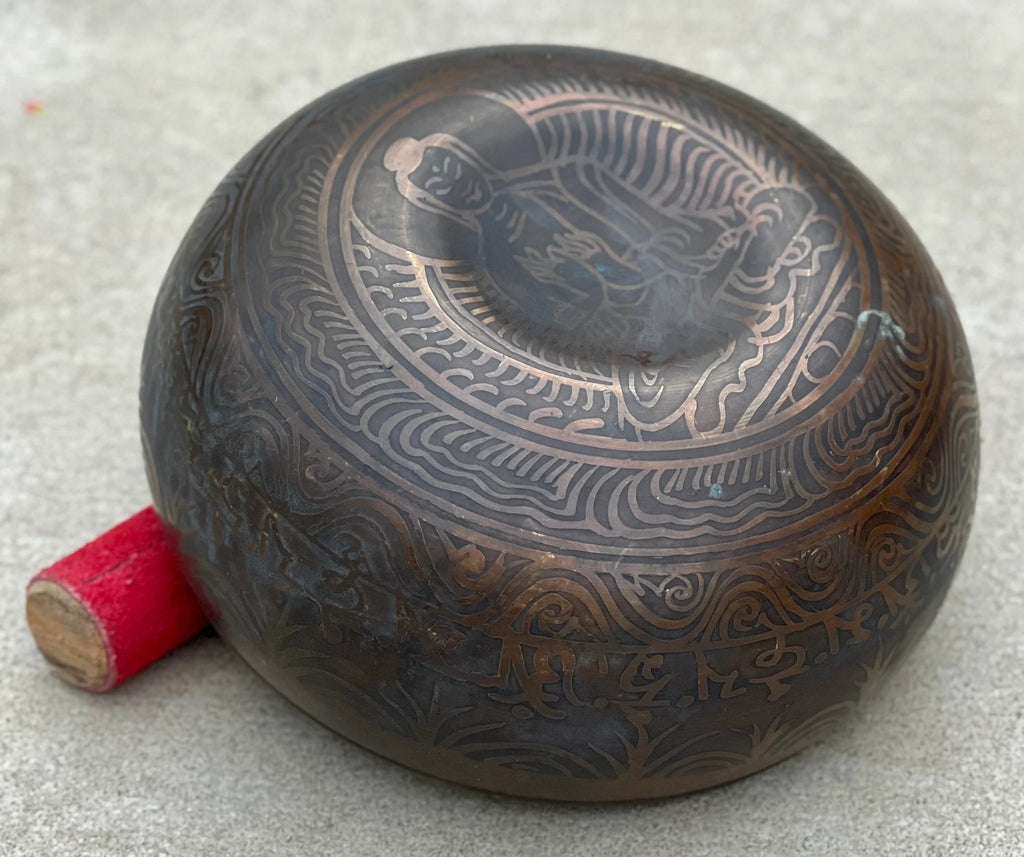 Tibetan Buddhist Om Mani Buddha Old Singing Bowl 6" | Antique Collector Bowl with Sacred Engravings & Sacral Chakra D Note - DharmaObjects