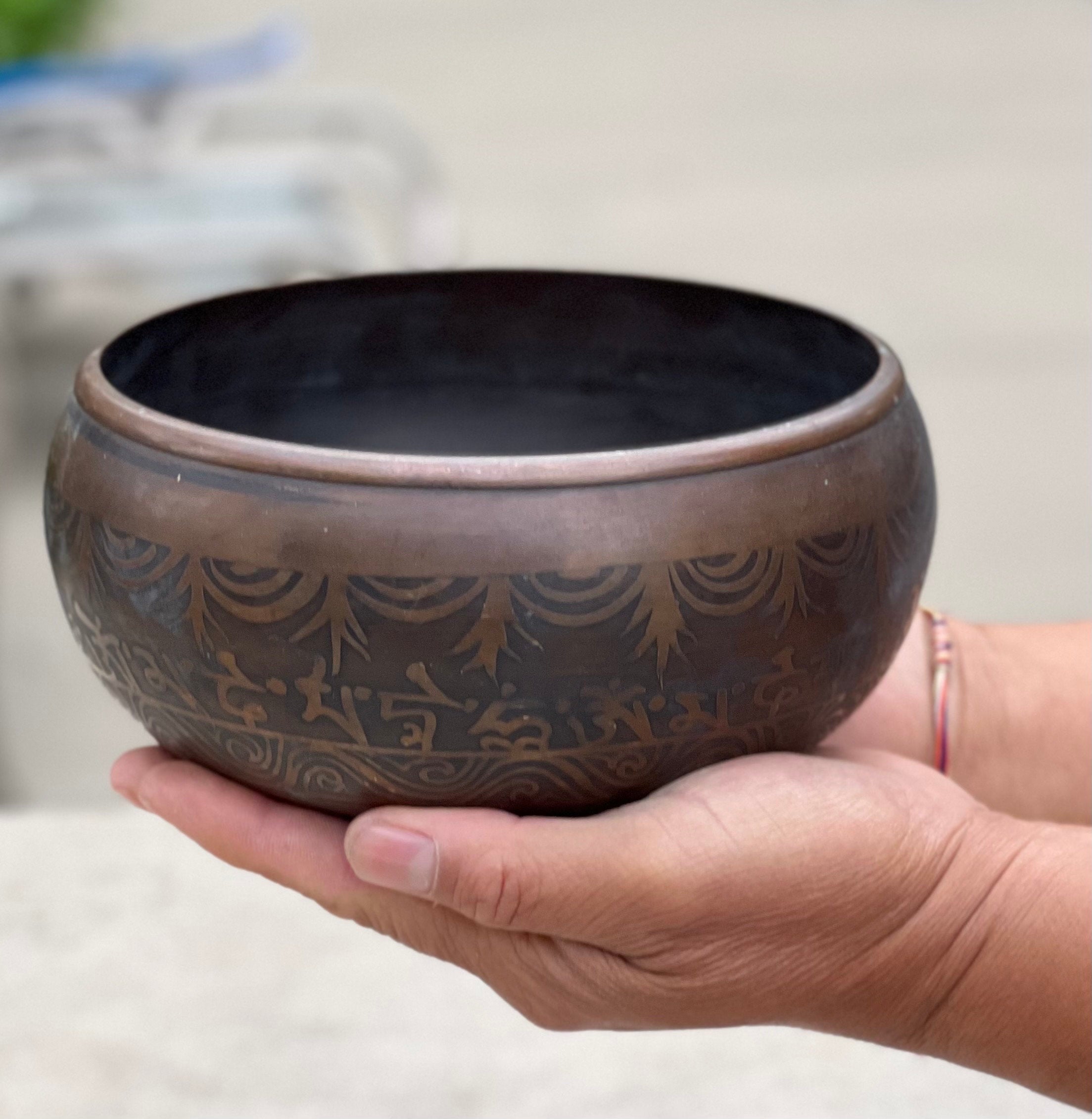 Tibetan Buddhist Om Mani Buddha Old Singing Bowl 6" | Antique Collector Bowl with Sacred Engravings & Sacral Chakra D Note - DharmaObjects