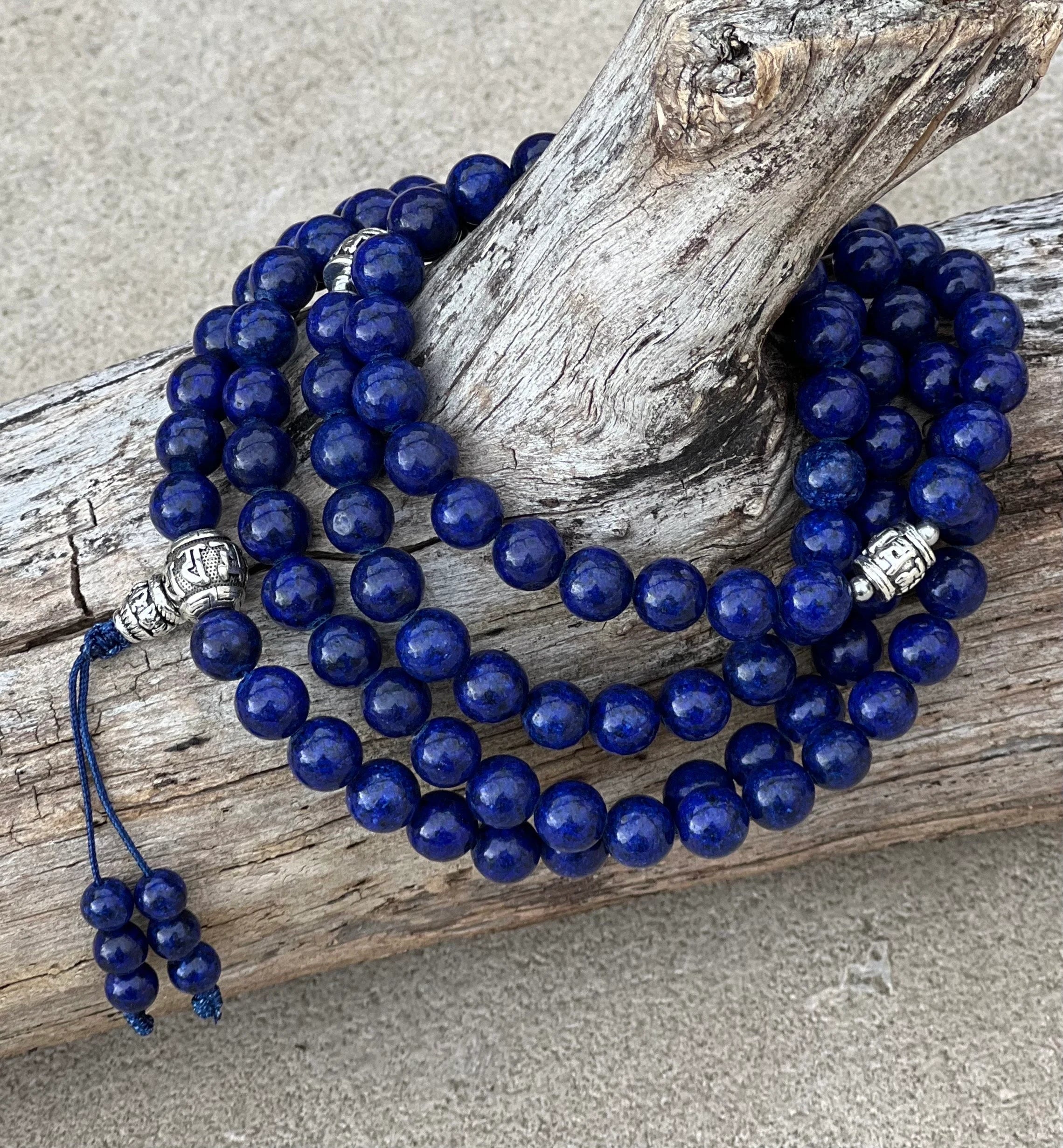 Tibetan Prayer Meditation Healing Lapis Lazuli 108 Beads Mala With Silver Guru Bead , Silver Spacers - DharmaObjects