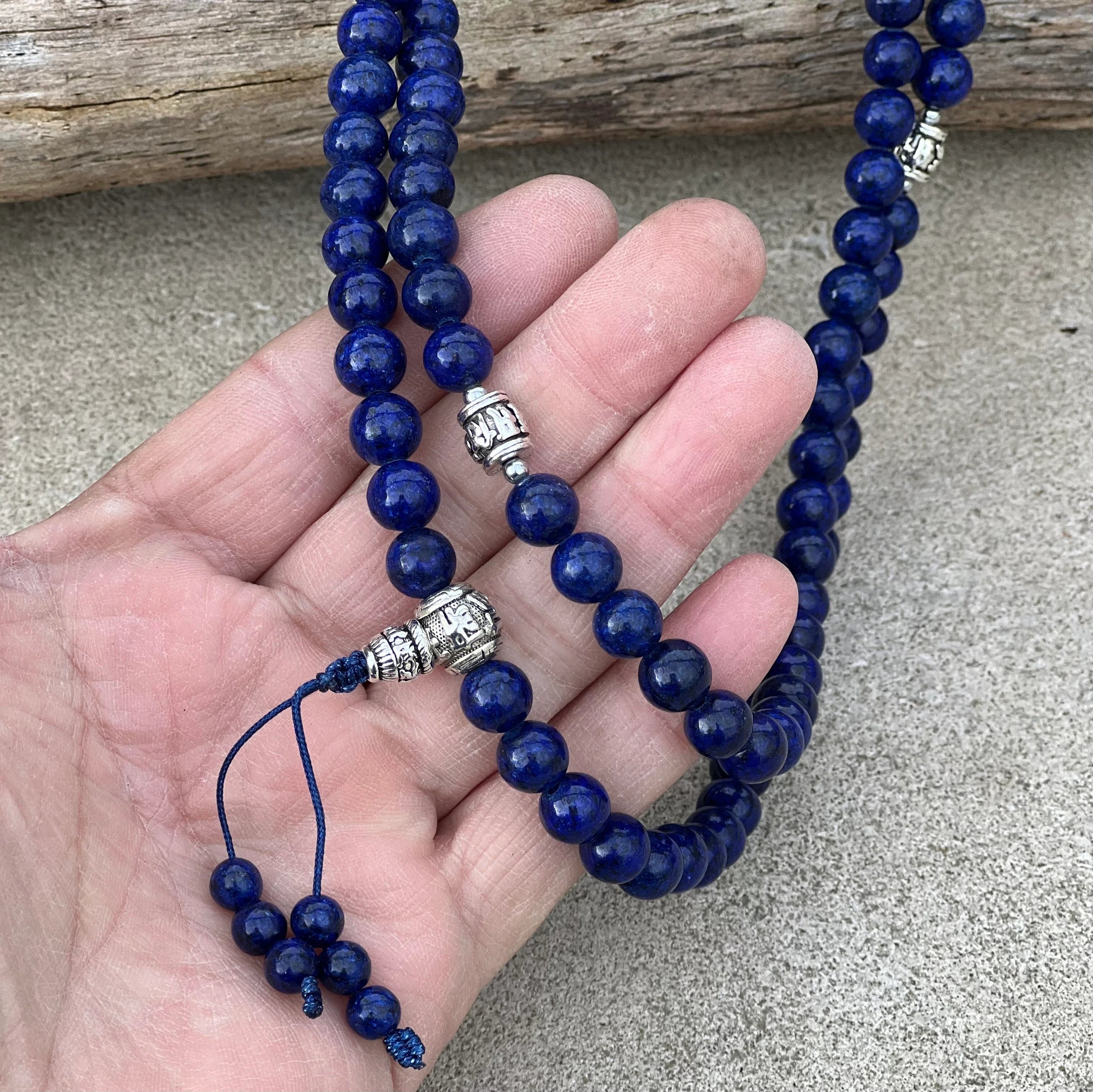 Tibetan Prayer Meditation Healing Lapis Lazuli 108 Beads Mala With Silver Guru Bead , Silver Spacers - DharmaObjects