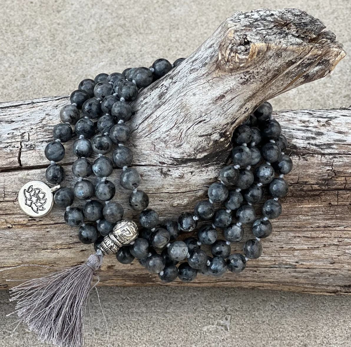 Labradorite Mala 108 Beads – Silver Lotus Charm & Guru Bead Meditation Prayer Necklace
