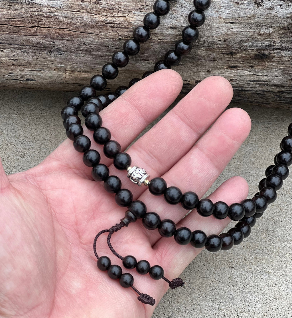 Tibetan Mala Buddhist Prayer 108 Beads Rosary Ebony Wood With Silver Spacers Free Wooden Box - DharmaObjects