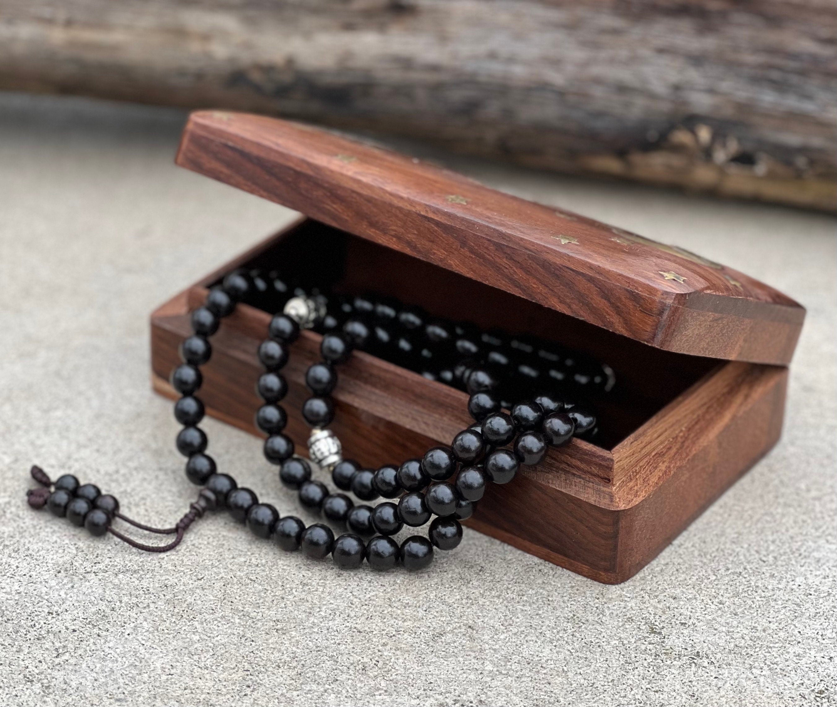 Tibetan Mala Buddhist Prayer 108 Beads Rosary Ebony Wood With Silver Spacers Free Wooden Box - DharmaObjects