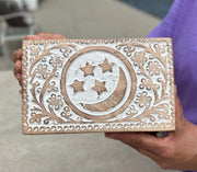 Hand Carved Celestials Star Moon Wooden Box Keepsake Jewelry Storage