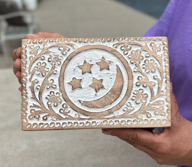 Hand Carved Celestials Star Moon Wooden Box Keepsake Jewelry Storage