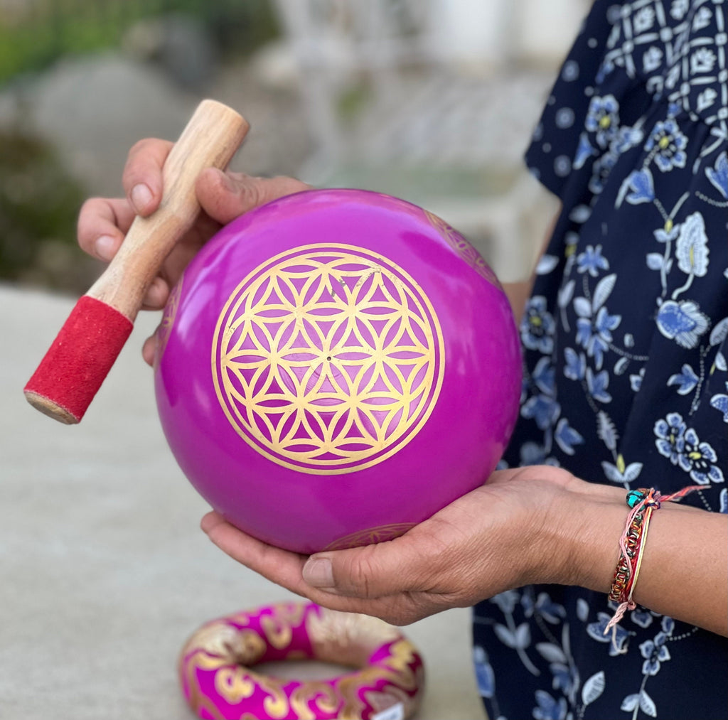 Tibetan Singing Bowl Complete Set Flower Of Life ~ For Meditation, Yoga, Spiritual Healing and Mindfulness ~ Extra Large