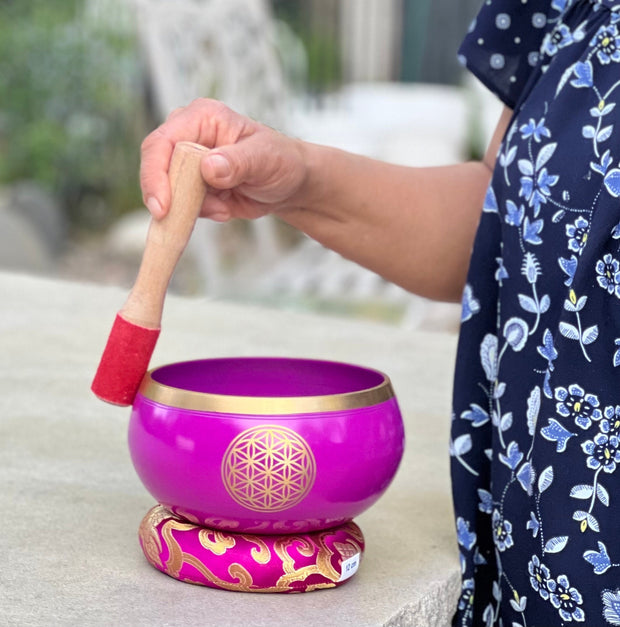 Tibetan Flower Of Life Singing Bowl Complete Set ~ Meditation , Yoga, Mindfulness, Spiritual & Chakra Healing ~ Extra Large