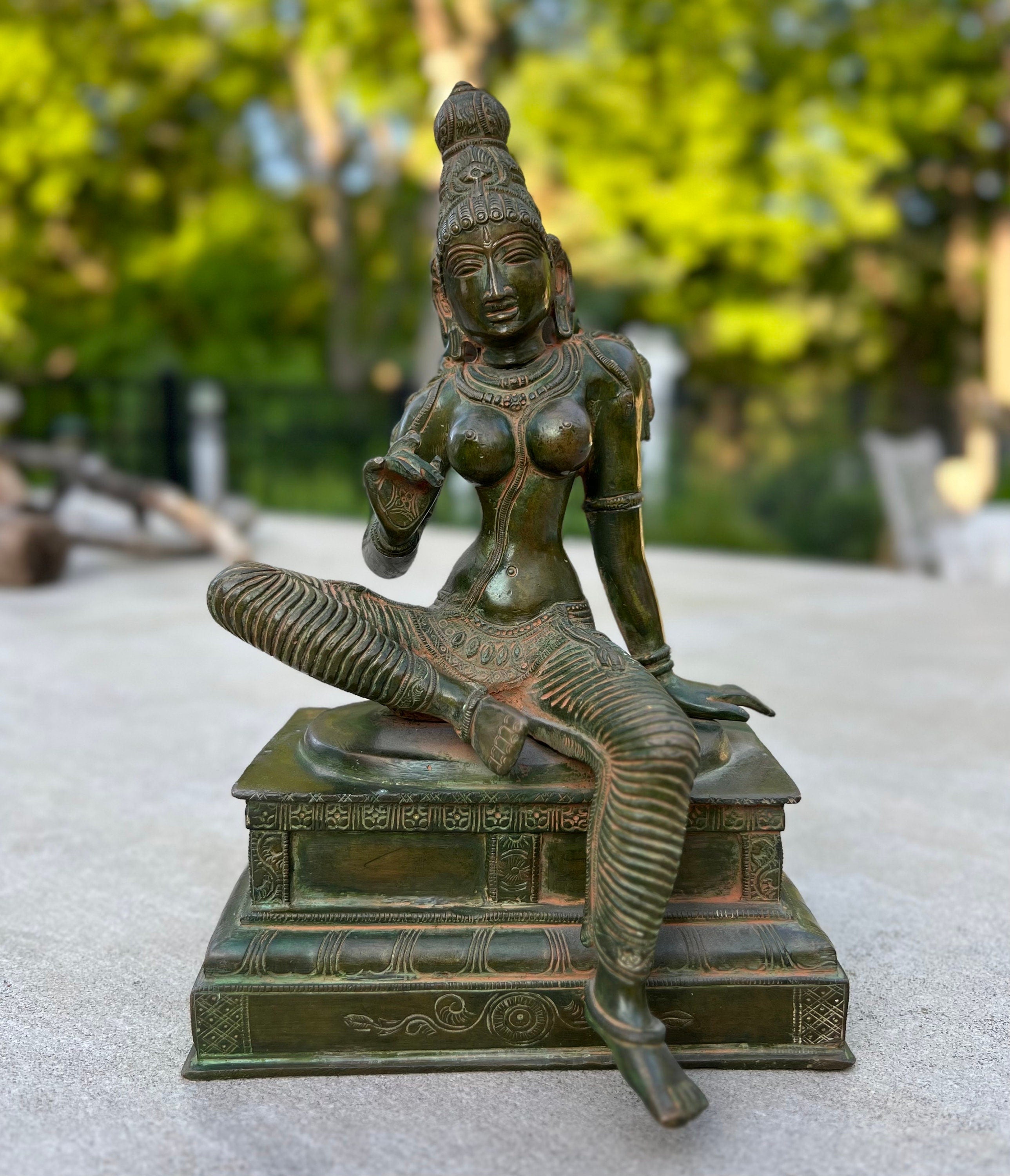Shakti Hindu Goddess Parvati Ma Old Statue Solid Antique Bronze Finish for Home Altar Shrine Meditation Room 10 Inches Tall - DharmaObjects