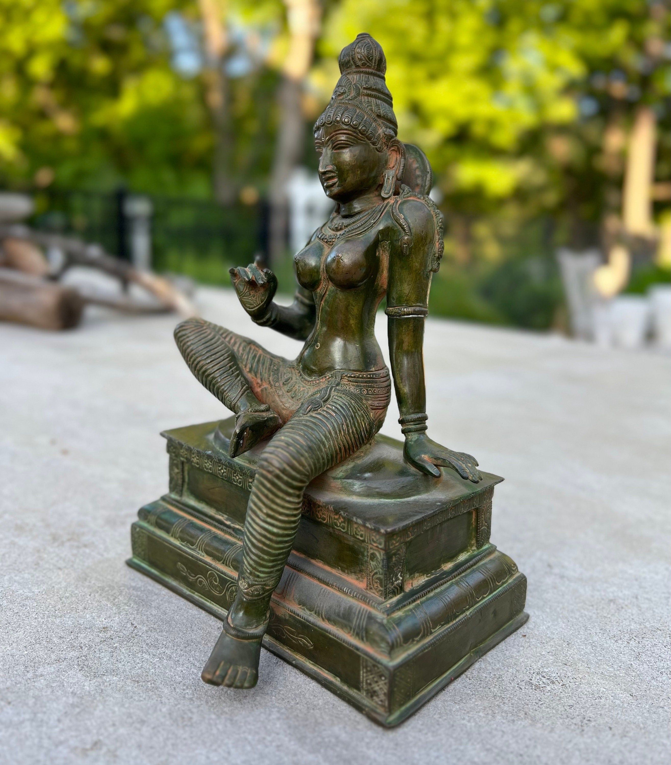 Shakti Hindu Goddess Parvati Ma Old Statue Solid Antique Bronze Finish for Home Altar Shrine Meditation Room 10 Inches Tall - DharmaObjects