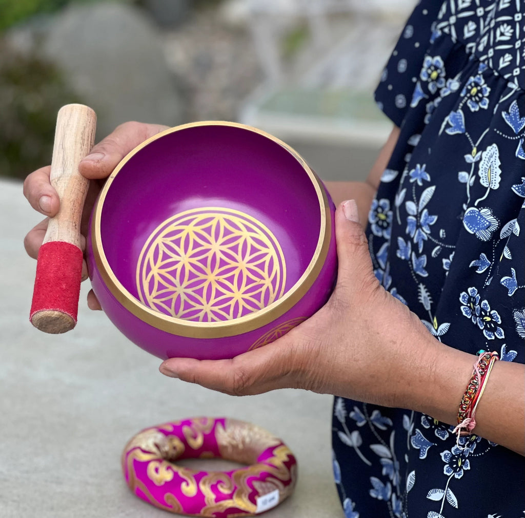 Tibetan Flower Of Life Singing Bowl Complete Set ~ Meditation , Yoga, Mindfulness, Spiritual & Chakra Healing ~ Extra Large
