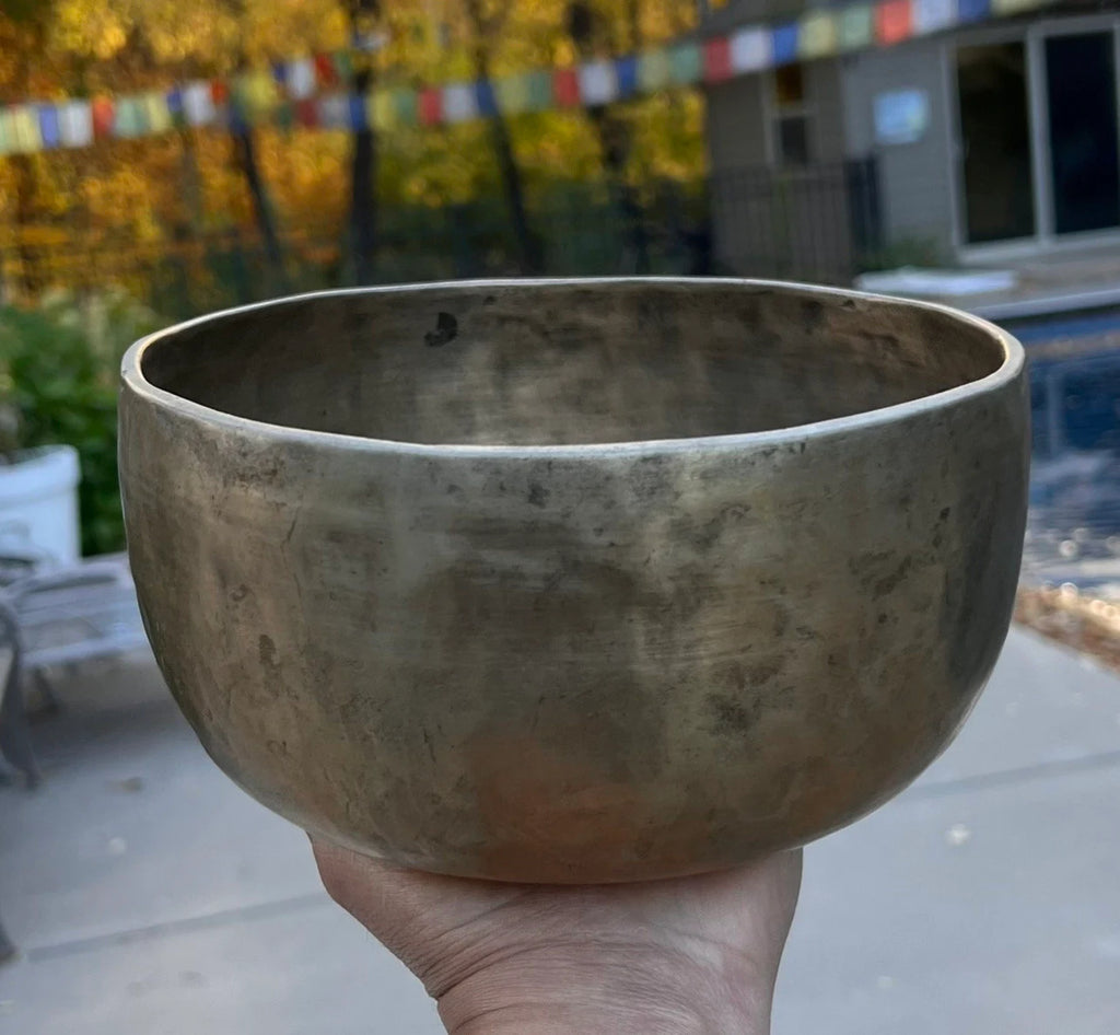 Rare Antique Thadobati Style Tibetan Singing Bowl 7.25" | Dark Patina Sacral Chakra D Note Collector Bowl with Mallet & Cushion - DharmaObjects