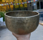 Rare Antique Thadobati Style Tibetan Singing Bowl 7.25" | Dark Patina Sacral Chakra D Note Collector Bowl with Mallet & Cushion - DharmaObjects